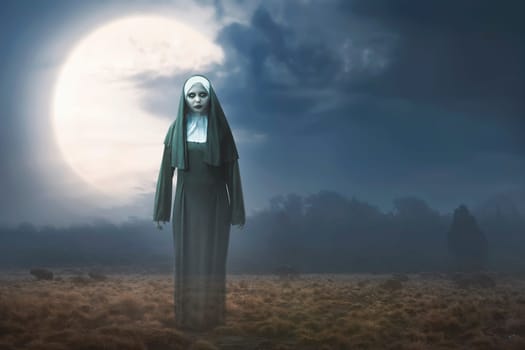 Scary devil nun with full moon background. Halloween concept