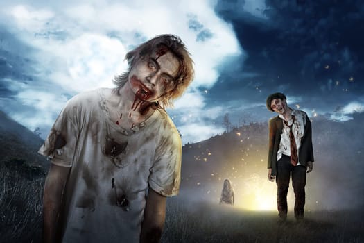 Group of zombies walking in outdoor at night. Halloween concept
