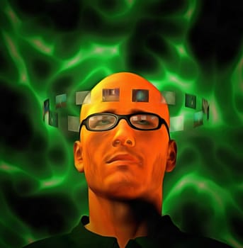 Futuristic digital painting. Bald man in glasses with hologram screens.
