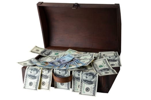 Wooden box full of 100 dollars banknotes isolated on white background. Space for text display montage. Concept of money and earnings.