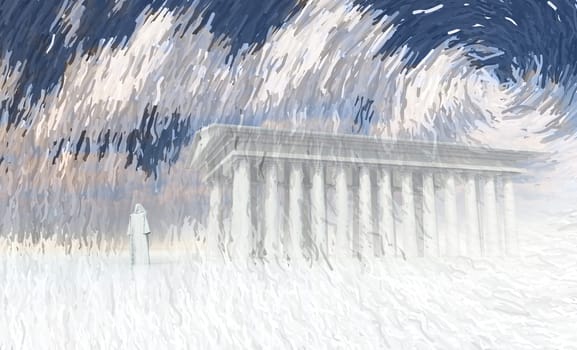 Surreal digital art. Priest attends to the White temple.