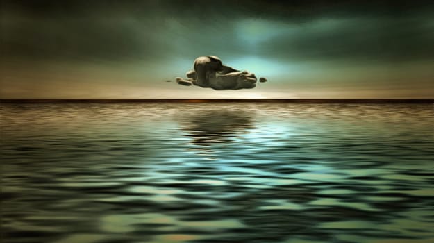 Surrealism. Lonely cloud hovers above water surface.