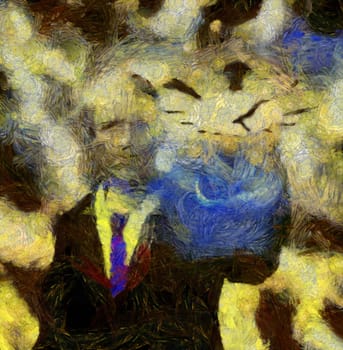 Surreal oil painting. Man in suit controls time.