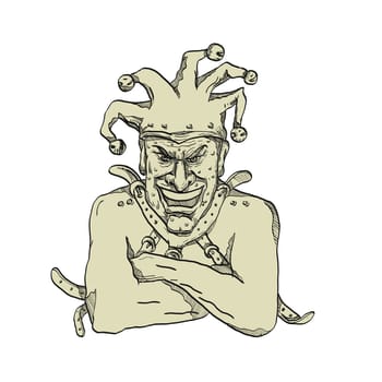 Drawing sketch style illustration of a crazy, lunatic or insane harlequin, professional joker, fool or court jester wearing a straitjacket or strait jacket while laughing viewed from front on isolated background.