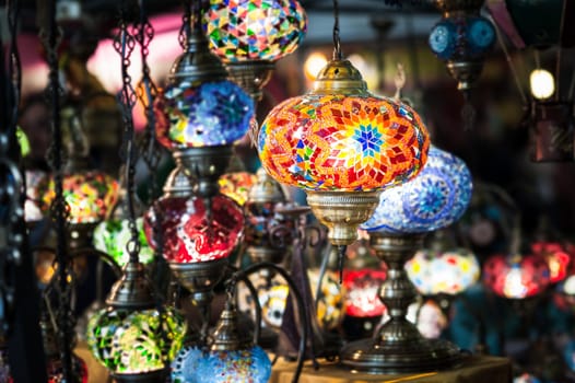 Traditional vintage Turkish lamps over light background in the night. Turkish craft