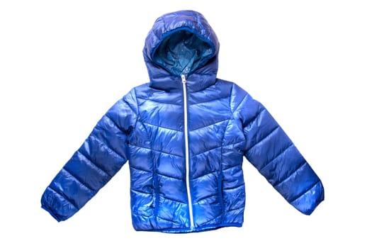 Children’s winter jacket. Stylish children’s blue warm down jacket isolated on white background.