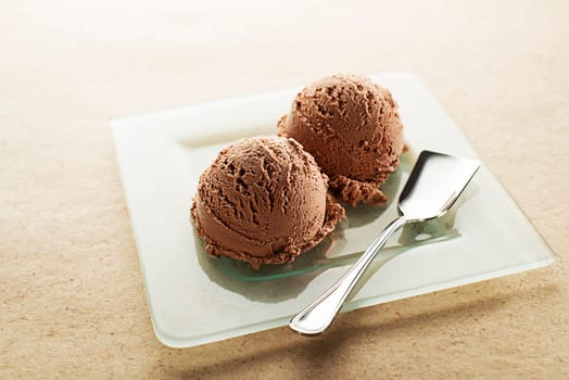 Homemade organic ice cream with chocolate close up