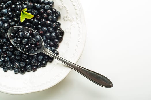 Fresh blueberries served in plate with spoon on white background