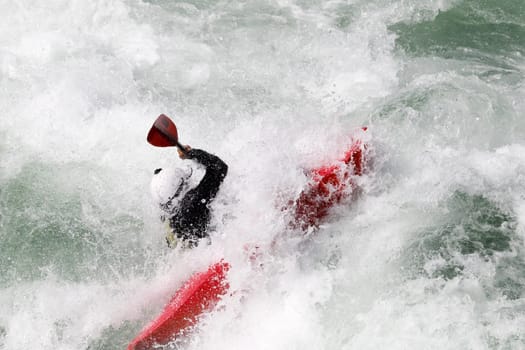 White water kayaking on the rapids of river Yosino in Japan