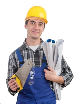 young worker with a handsaw on the white background