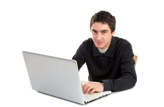 young man working with his laptop on the white background