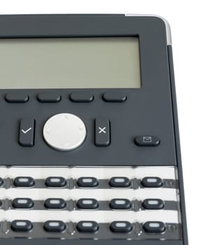 close up shot of modern business phone with digital display isolated in white background
