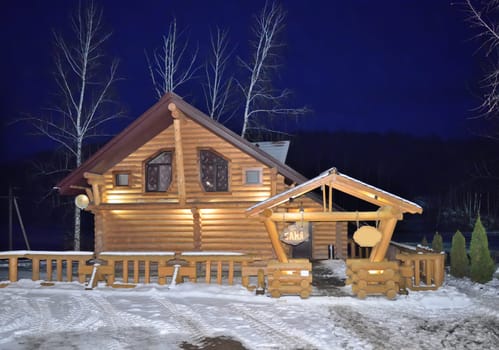 Russian bath. Recreation center. Winter night in the Russian province.