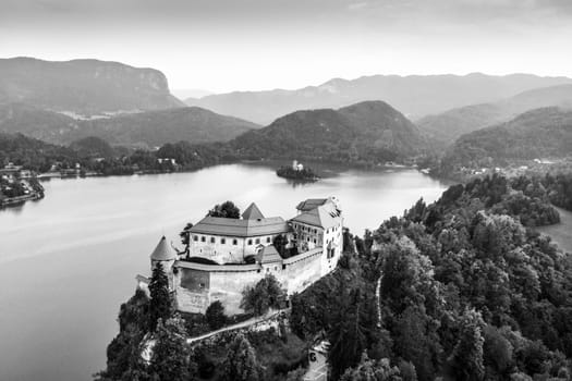 Aerial view of medieval castle by the lake Bled in Slovenia. Beautiful nature of Slovenia.
