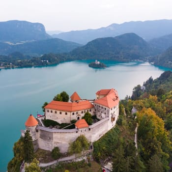 Aerial view of medieval castle by the lake Bled in Slovenia. Beautiful nature of Slovenia.
