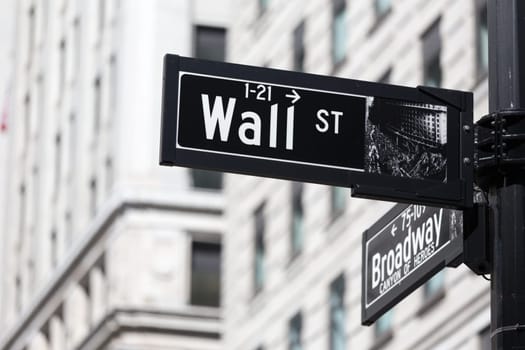 Wall St. street sign in lower Manhattan, New York City, USA.