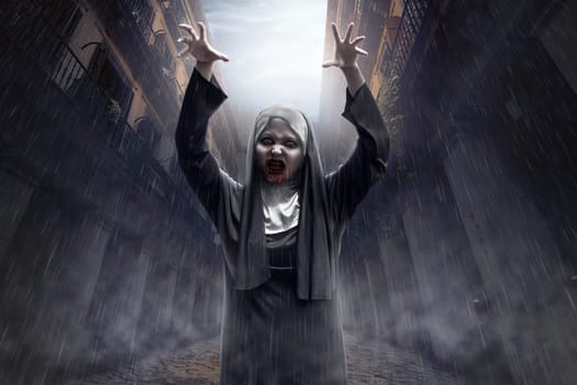 Spooky asian devil nun with blood on her mouth in abandoned place