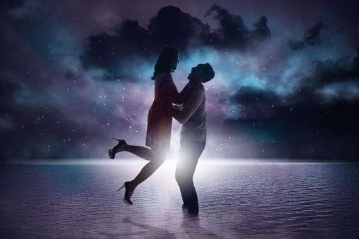 Romantic asian couple smiling staring at each other on the beach