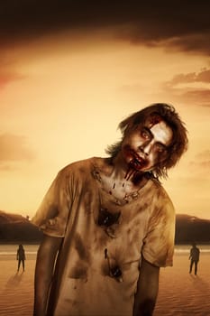 Spooky zombies walking in outdoor. Halloween concept