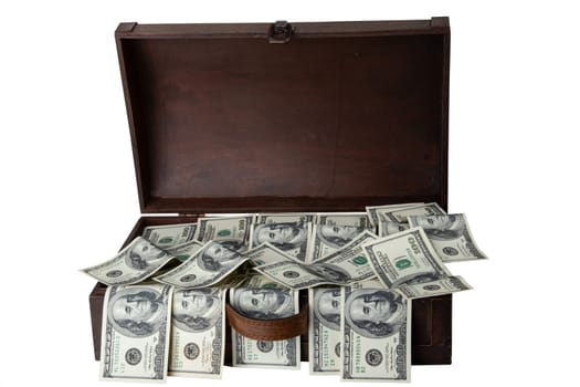Wooden box full of 100 dollars banknotes isolated on white background. Space for text display montage. Concept of money and earnings.