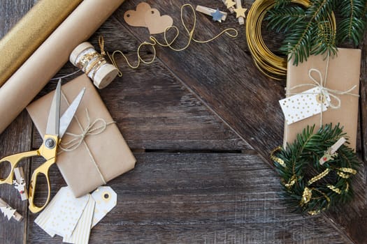 Presents and decoration in christmas on rustic wooden background