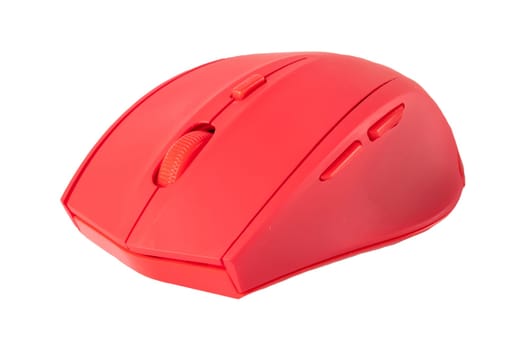 Wireless red computer mouse isolated on white background. Computer equipment.
