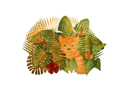 Tropical Rain Forest  Jungle Plants with Leaves Flowers and Tiger Cub Grunge Texture Isolated on White Background Color Illustration