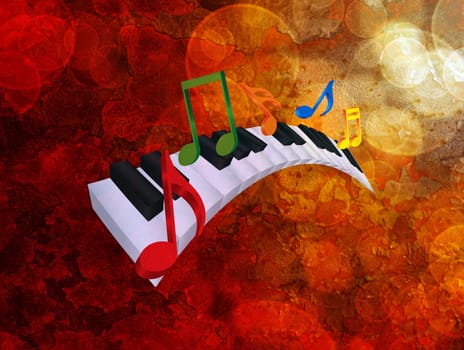 Piano Keyboard with Black and White Wavy Keys and Colorful Music Notes in 3D Grunge Texture Background Illustration