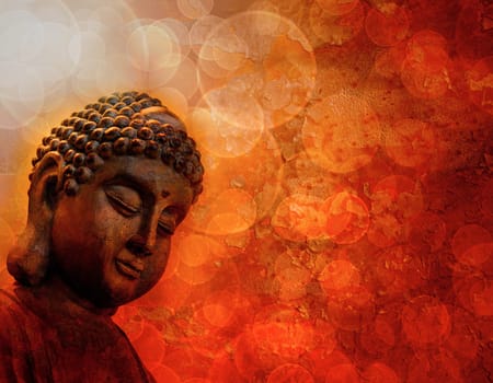 Bronze Zen Buddha Statue Meditating Light Rays Blurred Grunge Textured Red Background