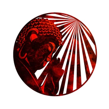 Buddha with raised hand palm and sun light rays in circle border red grunge rustic texture illustration