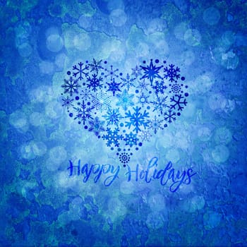 Christmas Happy Holidays Snowflakes Heart Shape on Blue Blurred Grunge Texture Background Illustration