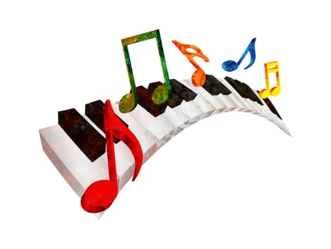Piano Keyboard with Black and White Wavy Keys and Colorful Music Notes in 3D grunge texture isolated on White Background Illustration