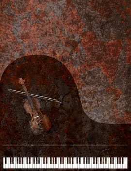 Grand Piano Keyboard and Violin Musical Instruments on Grunge Texture Background