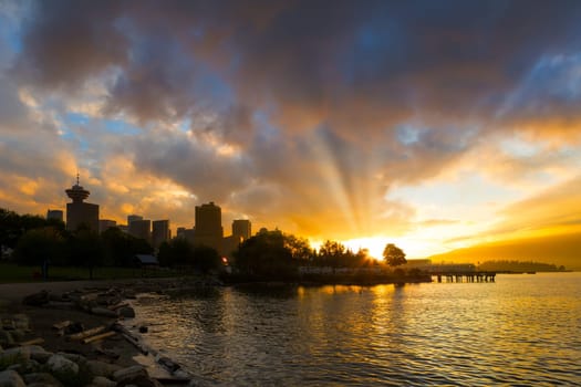 Sunset over Vancouver British Columbia Canada city skyline by Crab Park at Portside