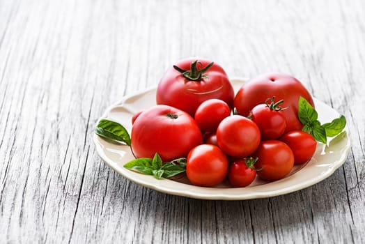 Fresh tomatoes with basil leaves. Concept for a tasty and healthy meal.