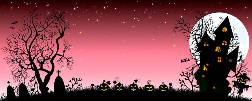 Night on Halloween. Pumpkins, castle, silhouettes of trees, grass, scarecrow, cemetery in the background of the moon and the starry sky. The dark pink starry sky and the bright white moon.