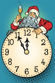 Santa Claus, Christmas time. Champagne celebration at midnight. Pop art retro vector illustration vintage kitsch
