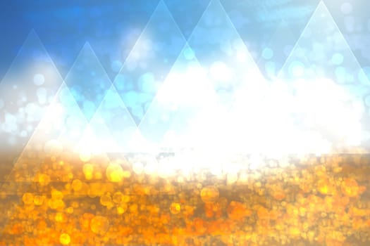 Abstract golden festive background texture with white and blue lightening pyramids or triangles.