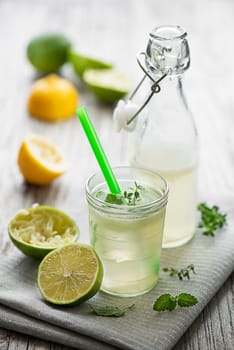 Lemonade or mojito cocktail with lemon and mint, cold refreshing drink or beverage with ice