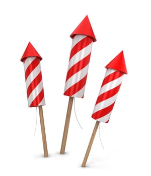 Three fireworks. 3d illustration isolated on white background