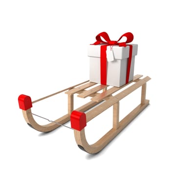 Wooden sledges with gift box. 3d illustration isolated on white background