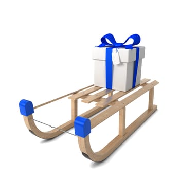 Wooden sledges with gift box. 3d illustration isolated on white background