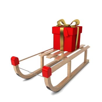 Wooden sledges with gift box. 3d illustration isolated on white background
