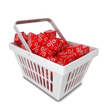 Shopping basket with sale discount boxes. 3d illustration isolated on white background