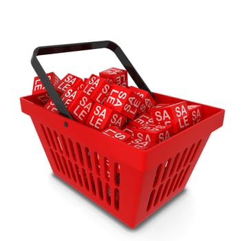 Shopping basket with sale discount boxes. 3d illustration isolated on white background