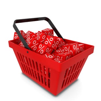 Shopping basket with sale discount boxes. 3d illustration isolated on white background