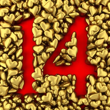14 made from small hearts. 3d illustration isolated on white background