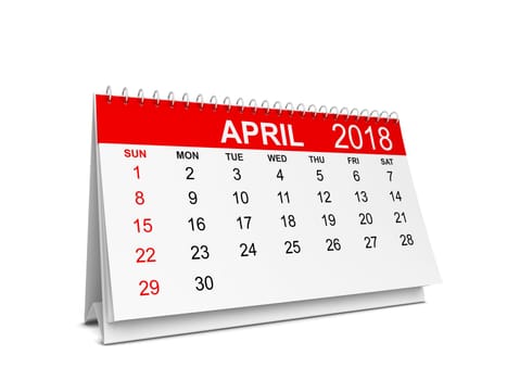 2018 year calendar. Week starts with sunday. 3d illustration isolated on white background
