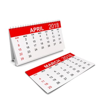 2018 year calendar. Week starts with sunday. 3d illustration isolated on white background