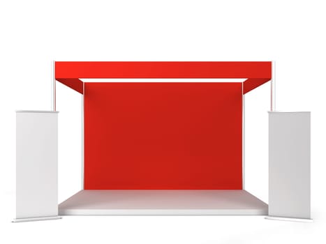 Trade show booth with banner. 3d illustration isolated on white background